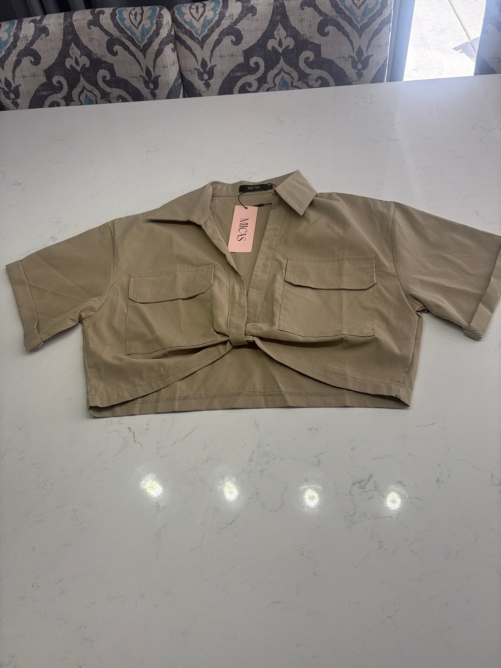 Windsor Beige Short Sleeve Cropped Knot Front Shirt